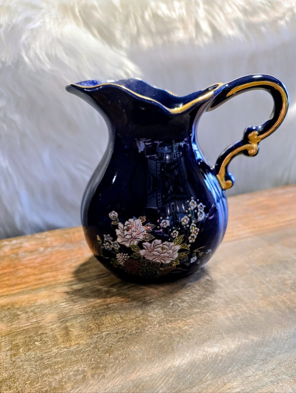 Vintage Japanese Cobalt Blue Ceramic Pitcher Hand Painted Flowers with Gold Trim